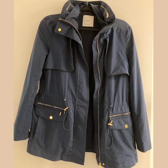 MANGO Navy Windbreaker Jacket Lightweight Parka Stand-up Collar - Picture 9 of 14